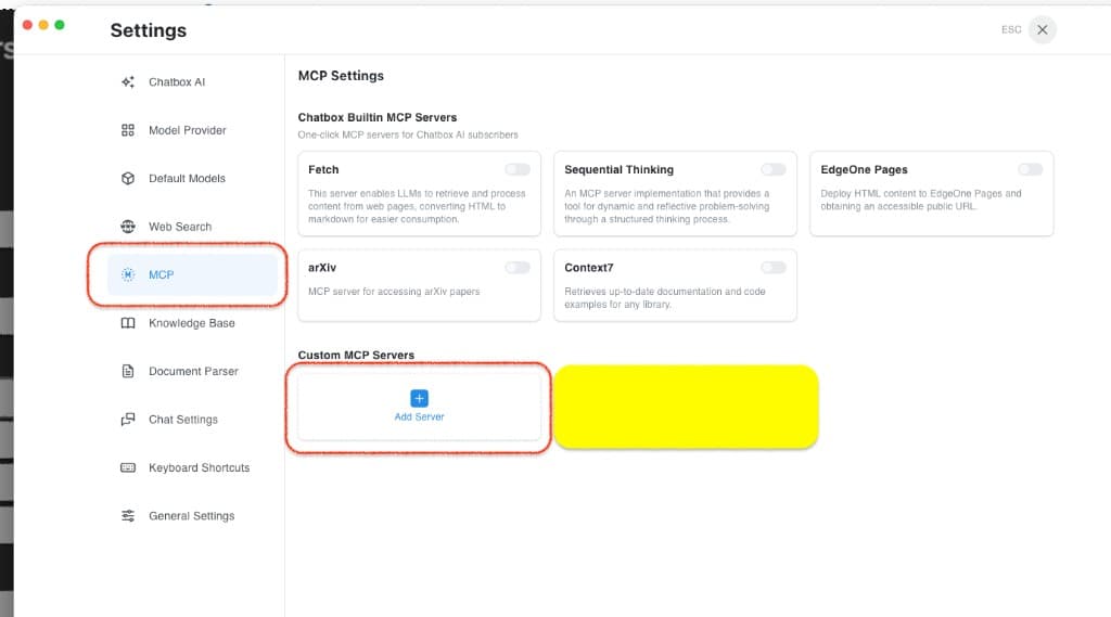 ChatBox MCP Settings,侧栏 MCP 与 Add Server