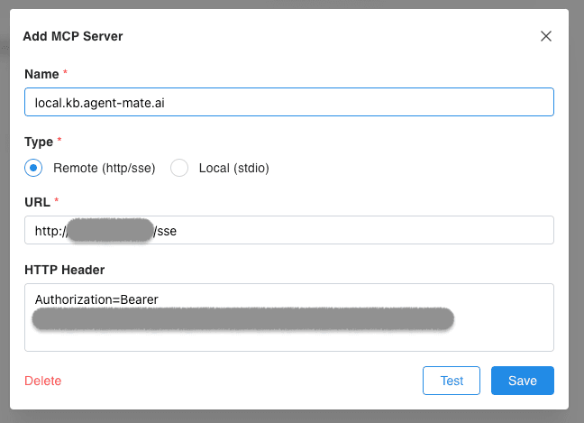 ChatBox Add MCP Server 表单,Type 为 Remote http/sse,URL 以 /sse 结尾