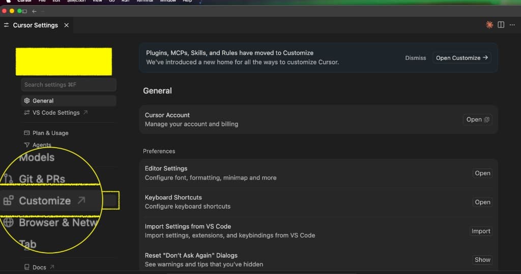 Cursor Settings 左侧栏高亮 Customize