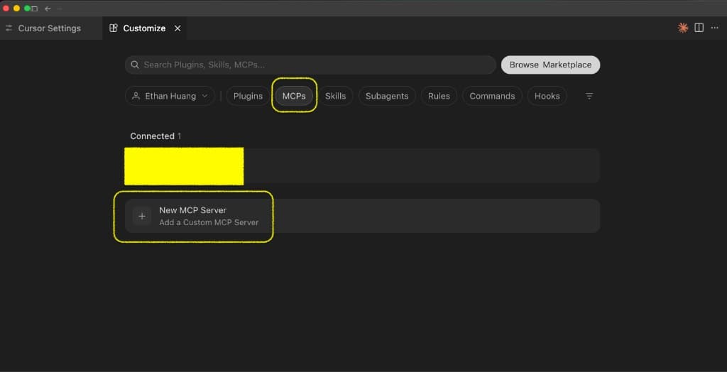 Customize 中 MCPs 分类与 New MCP Server