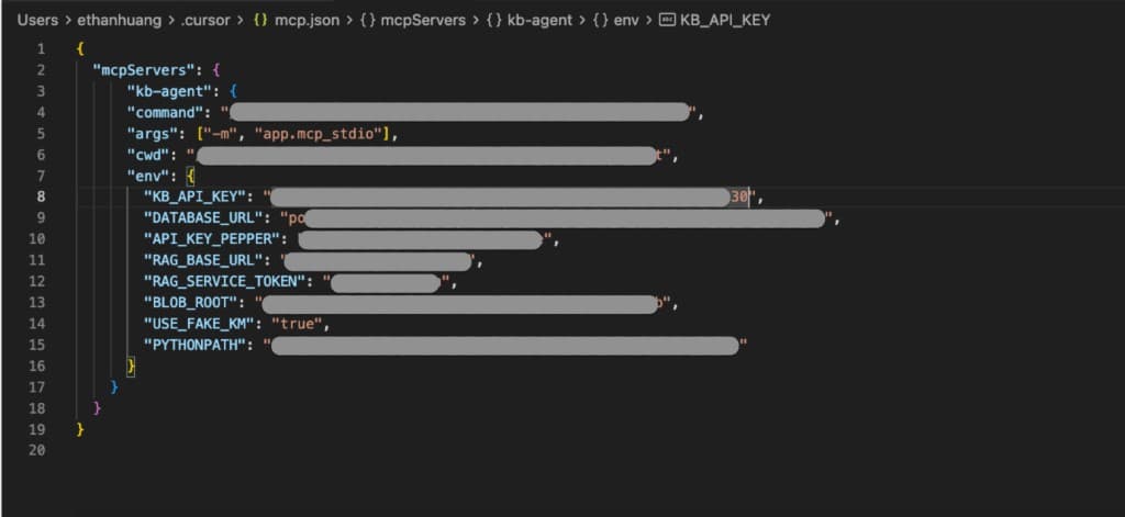 mcp.json 编辑界面(远程配置用 url + headers)
